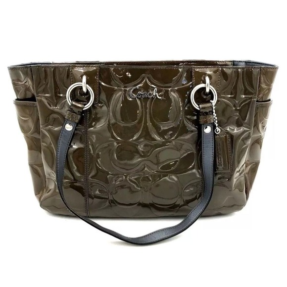 Coach Olive Green Patent Leather‎ Shoulder Bag Silver Hardware - Picture 2 of 8